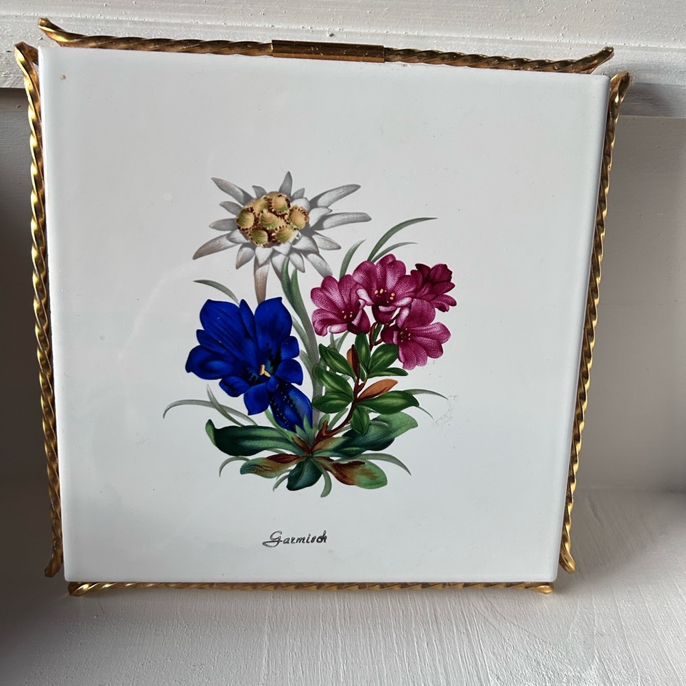 Floral Ceramic trivet with gold frame by Garmisch